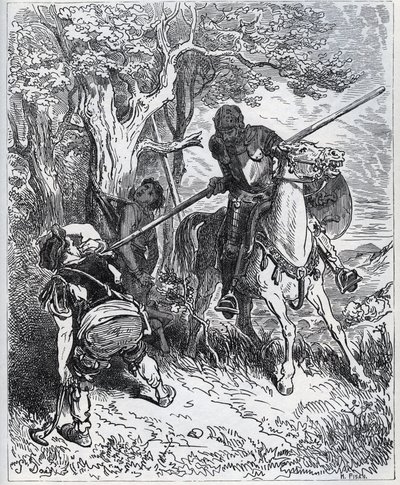 Don Quijote toma partido por el joven criado - "Por el sol que nos ilumina, no sé quién me impide pasar mi espada por el cuerpo" - de "Don Quijote de la Mancha" de Miguel de Cervantes (1547-1616) - xilografía después de un dibujo de Gustave Doré. de Gustave Dore