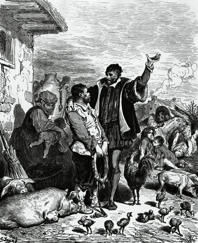 Don Quijote llevando a Sancho Panza de su casa y nombrándolo gobernador, ilustración de Gustave Doré para la edición de 1880 de Don Quijote de Miguel de Cervantes Saavedra de Gustave Dore