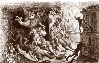Don Quijote no piensa más que en hazañas caballerescas Grabado de Gustave Dore (1832-1883) para "L
