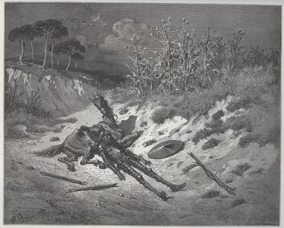 Don Quijote implora misericordia y ayuda de los personajes de su imaginación - de “Don Quijote de la Mancha” de Miguel Cervantes (1547-1616) - xilografía según dibujo de Gustave Doré de Gustave Dore