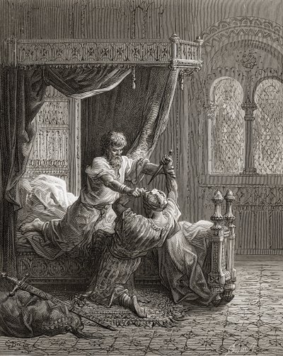 Eduardo I (1239-1307) de Inglaterra mata a su posible asesino en junio de 1272, ilustración de 