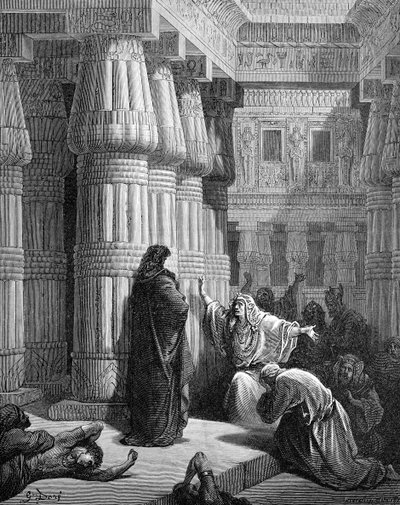 Los egipcios instan a Moisés a partir, por Doré. - La Biblia de Gustave Dore