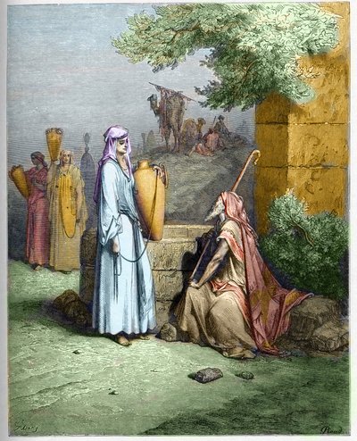 Eliezer y Rebeca - Eliezer, el sirviente de Abraham, recibe un vaso de agua de Rebeca - Eliezer y Rebeca - grabado en “The Bible illustree” por Gustave Dore (1832-1883) - Grabado de “The Dore Bible” de Gustave Dore