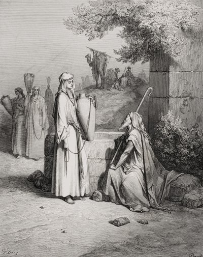 Eliezer y Rebeca, Génesis 24:15-21, ilustración de 