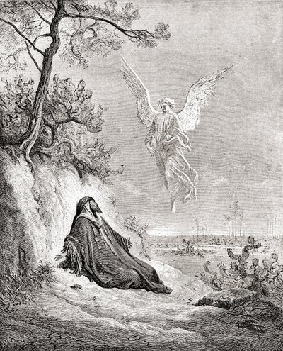 Elías alimentado por un ángel. Según una obra de La Biblia de Gustave Dore. De Vida y recuerdos de Gustave Dore, publicado en 1885. de Gustave Dore