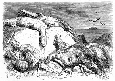Grabado de Gustave Dore hacia 1850: evocación de un diluvio apocalíptico que combina la tradición bíblica (se ve a lo lejos el arca de Noé en el mar) y los inicios del conocimiento científico (varios animales monstruosos fracasaron en la montaña, pref de Gustave Dore