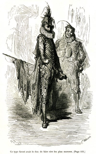 Grabado de Gustave Dore que ilustra la novela de Theophile Gautier "El capitán Fracasse". Edición Charpentier 1863. Dos comediantes (actores de la commedia dell