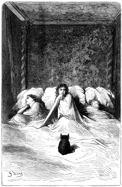 Grabado de Gustave Dore que ilustra la novela de Theophile Gautier "El capitán Fracasse". Edición Charpentier 1863. En la residencia del barón de Sigognac, el "Chateau de la Misere", una tropa de comediantes encontró refugio. Tres actrices se durmieron en  de Gustave Dore