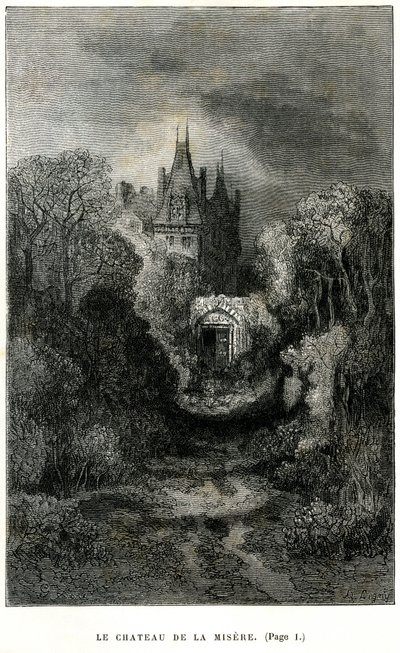 Grabado de Gustave Dore en frontispicio de la novela de Theophile Gautier "El capitán Fracasse". Edición Charpentier 1863. El castillo de la Misere, residencia del barón de Sigognac. de Gustave Dore
