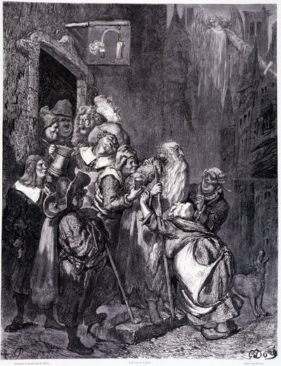 Entra en esta posada, placa IV - Ilustración de Gustave Doré (1832-1883), para La leyenda del judío errante de Pierre Dupont, edición Librería del magazín pintoresco, París 1862 de Gustave Dore