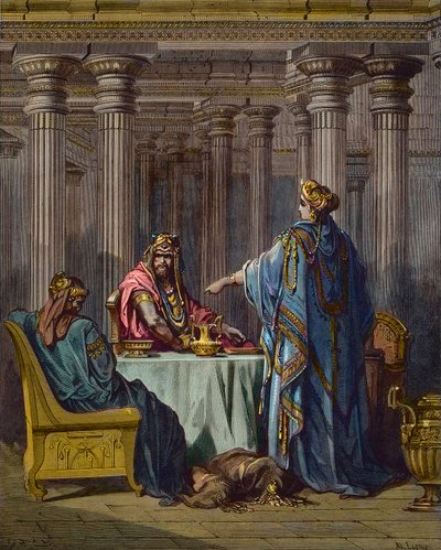 Ester acusando a Amán - escenas bíblicas, Ester y Amán, grabado en madera por Gustave Doré - coloreado posterior de Gustave Dore