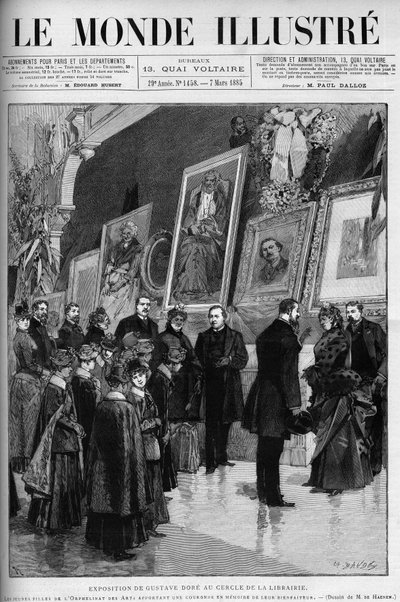 Exposición de Gustave Doré (1832-1883), ilustrador y pintor francés, en el círculo de la librería. Grabado en "El Mundo Ilustre" de Gustave Dore
