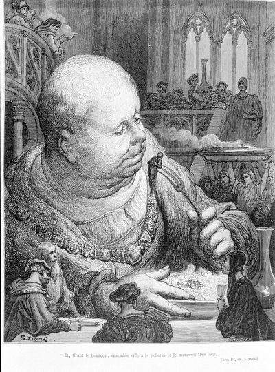 Extracto de Gargantúa (1534) de François Rabelais (1483-1553): Y, tirando del abejorro, juntos quitaron el pellerin y lo comieron muy bien. Grabado por Gustave Doré (1823-1883) de Gustave Dore