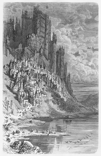 Paisaje de fantasía con ciudad y castillo, ilustración de 