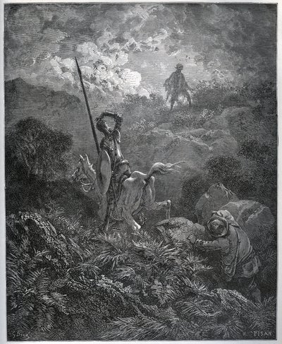 Primera aparición del Deguenille-de-la-Malaise-Mine - de "Don Quijote de la Mancha" de Miguel de Cervantes (1547-1616) - xilografía después de un dibujo de Gustave Doré. de Gustave Dore