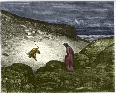 Primer canto del infierno, una pántara se opone al paso de Dante. Ilustración de Gustave Dore de Gustave Dore