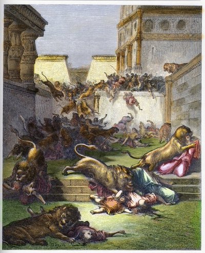 Extranjeros devorados por leones en Samaria - Antiguo Testamento. Personas devoradas por leones en Samaria - grabado en “La Biblia ilustrada” por Gustave Dore (1832-1883) - Grabado de “La Biblia de Dore” de Gustave Dore