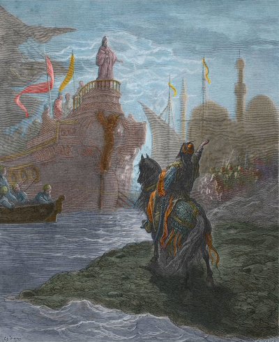 Cuarta Cruzada - Cuarta Cruzada - Alexis V Doukas Murzuphle (1140-1204) - Murzuflo (Alessio Ducas) negociando con el Dogo Enrico Dandolo (1107-1205), en 1204. grabado de Gustave Doré (1832-1883) de Historia de las Cruzadas de Gustave Dore