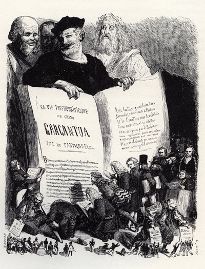 Frontispicio de la edición de 1854 - En compañía de escritores antiguos y modernos, Rabelais presenta su segunda novela - ilustración de 