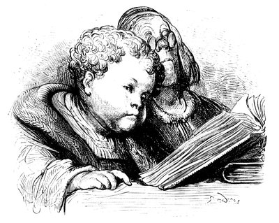 La educación de Gant Gargantua: de niño, aprende a leer con su preceptor. Ilustración de Gustave Dore para la obra de François Rabelais. de Gustave Dore