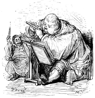 La educación de Gargantúa: el joven caballero aprende a tocar la flauta con su profesor de música. Grabado de Gustave Dore que ilustra la obra de Rabelais. de Gustave Dore