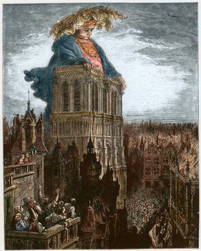Gargantúa en las torres de Notre-Dame en París - Gargantúa descansando en las torres de la Iglesia de Notre-Dame en París - ilustración de 