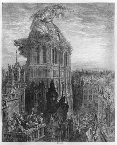 Gargantua en las torres de Notre-Dame en París, ilustración de 