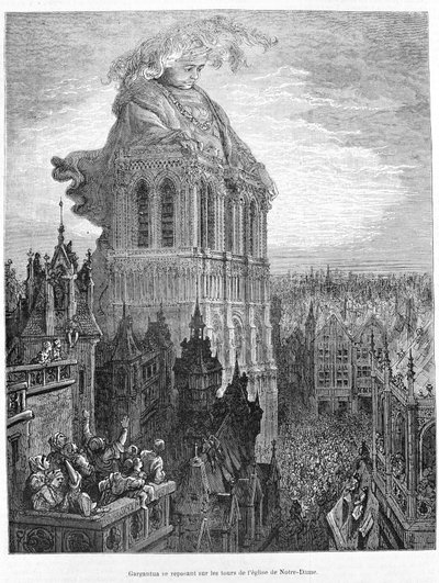 Gargantúa descansando sobre las torres de la Iglesia de Nuestra Señora. Grabado según la obra Gargantúa de François Rabelais de Gustave Dore