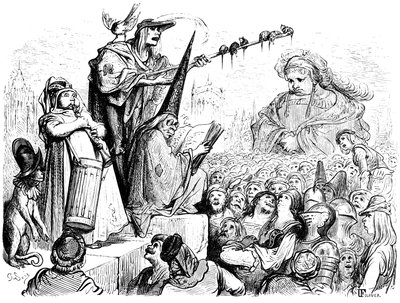 La educación de Gargantúa: "iba a escuchar lecciones públicas, actos solemnes, repeticiones, declamaciones, alegatos de buenos abogados, discursos de predicadores evangelistas...". Grabado de Gustave Dore que ilustra la obra de Rabelais. de Gustave Dore