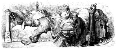 La educación de Gargantúa: el gigante, un niño, yace en su cama, estudiando un globo terráqueo con sus maestros. Ilustración de Gustave Dore para la obra de François Rabelais. de Gustave Dore