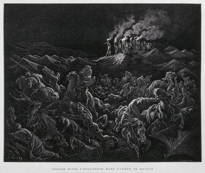 Gedeón ataca a los madianitas por la noche, Ilustración de la Biblia de Dore de Gustave Dore