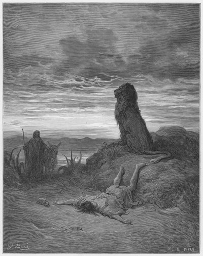 Biblia de Gustave Doré: El profeta desobediente asesinado por un león de Gustave Dore