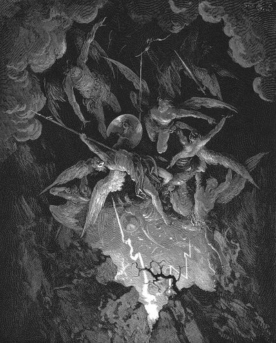 Ilustración de Gustave Dore para el poema épico de John Milton que dramatiza la caída del Hombre, El Paraíso Perdido (1667) Libro VI. Cayendo por la brecha del muro del cielo, los ángeles rebeldes se precipitan en el infierno. Grabado en madera 1866 de Gustave Dore