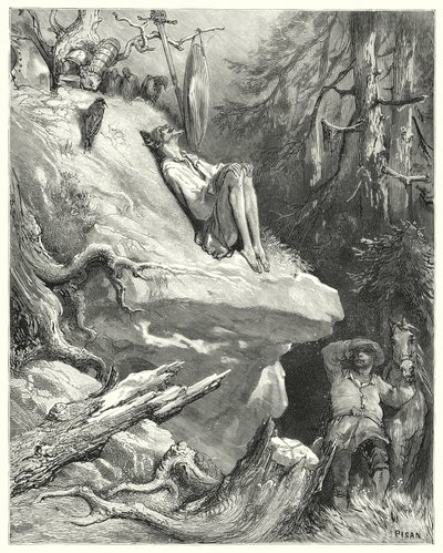 Don Quijote de Gustave Doré: "¡Ay!" respondió Sancho, "Lo encontré en su camisa, delgado, pálido y casi muerto de hambre, suspirando por su Dama Dulcinea" de Gustave Dore