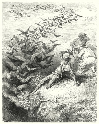 Don Quijote de Gustave Doré: "Un número infinito de cuervos y grajos enormes salieron corriendo y revoloteando de la cueva" de Gustave Dore