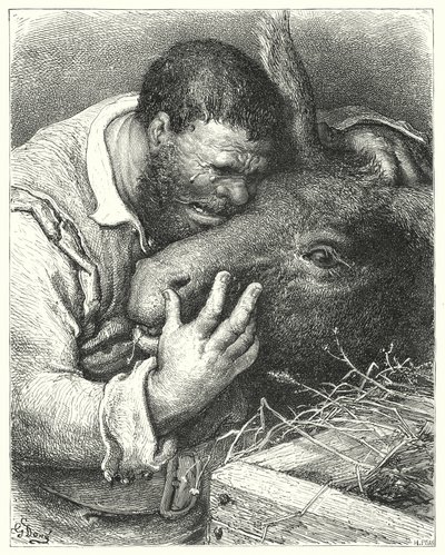 Don Quijote de Gustave Doré: "Ven aquí," dijo él, "mi amigo; tú fiel compañero y compañero de mis viajes y miserias" de Gustave Dore