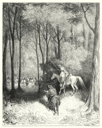 Don Quijote de Gustave Doré: "Don Quijote divisó una compañía, a quienes, al verlos más de cerca, juzgó ser personas de calidad" (grabado) de Gustave Dore