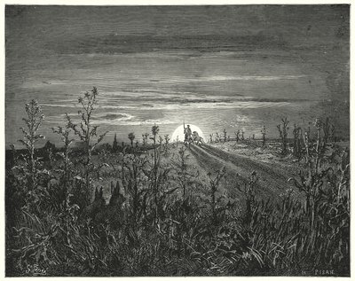 Don Quijote de Gustave Doré: "Amigo Sancho," dijo Don Quijote, "me parece que la noche que se acerca nos alcanzará antes de llegar a Toboso" de Gustave Dore