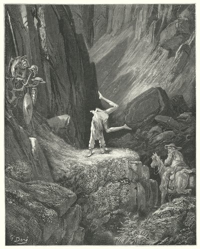 Don Quijote de Gustave Doré: "Dio dos o tres brincos en el aire, y luego cayendo sobre sus manos, pasó sus talones sobre su cabeza dos veces seguidas" de Gustave Dore