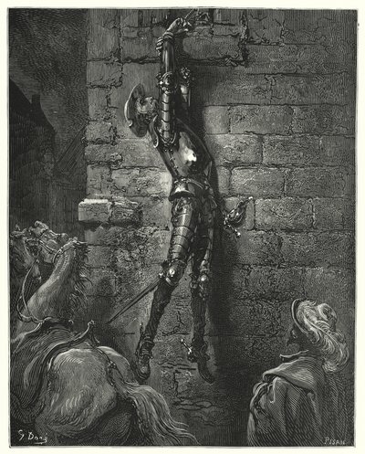 Don Quijote de Gustave Doré: "Inevitablemente habría caído al suelo, si no hubiera estado su muñeca firmemente atada a la cuerda" de Gustave Dore