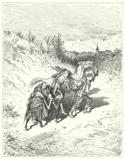 Don Quijote de Gustave Doré: "Los llevó a todos hacia el pueblo, y él mismo caminaba a pie, muy pensativo" de Gustave Dore