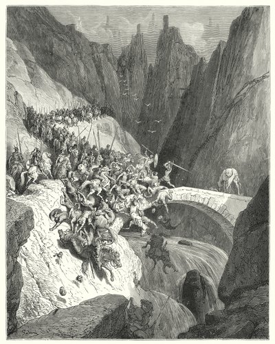 Don Quijote de Gustave Doré: "Cómo Don Diego García con su sola fuerza defendió el paso de un puente contra un gran ejército" de Gustave Dore