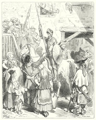Don Quijote de Gustave Doré: "No tengo nada que ver con todo esto," gritó el posadero; "paga tu cuenta" de Gustave Dore