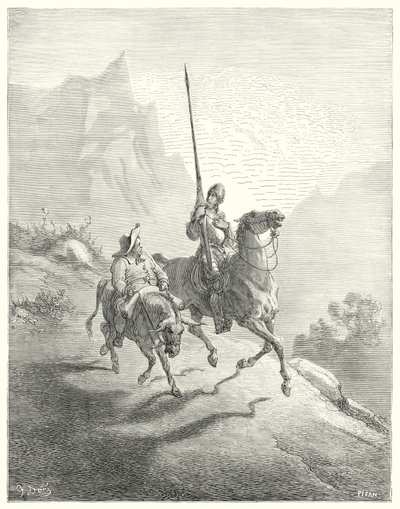 Don Quijote de Gustave Doré: "Era aún temprano en la mañana, cuando los rayos del sol no resultaban tan ofensivos" (grabado) de Gustave Dore