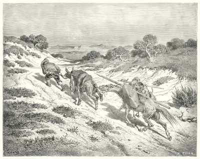 Don Quijote de Gustave Doré: "Llevando el asno por el cabestro, tomó el camino más cercano que pudo adivinar hacia la carretera" de Gustave Dore