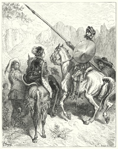 Don Quijote de Gustave Doré: "Ahora, señora," dijo Don Quijote, "déjeme suplicarle que me diga por dónde debemos ir para servirle" de Gustave Dore