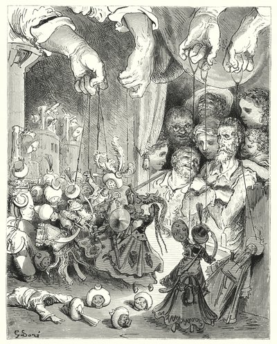 Don Quijote de Gustave Doré: "Observa qué gran compañía de caballos brillantes sale de la ciudad, en persecución de los amantes cristianos" (grabado) de Gustave Dore