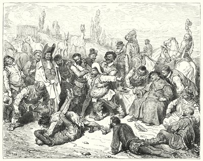 Don Quijote de Gustave Doré: "Sancho Panza solo estaba molesto, se enfureció hasta la muerte y deliraba como un loco" (grabado) de Gustave Dore