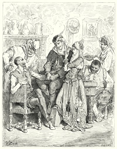 Don Quijote de Gustave Doré: "Sancho y su amo se quedaron tres días con la joven pareja, y fueron tratados como príncipes" de Gustave Dore
