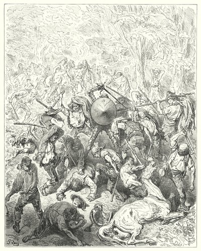 Don Quijote de Gustave Doré: "Los yangüeses se armaron con sus palancas y bastones" de Gustave Dore
